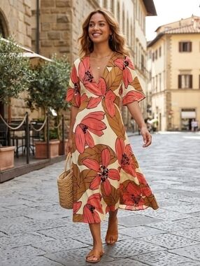 JUCCA Italy NWT Floral Viscose V-Neck Midi Dress 42 / Small